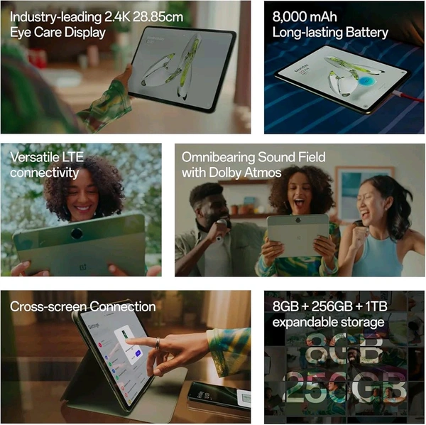 Oneplus  OnePlus Pad Go 28.85Cm (11.35 Inch) 2.4K 7:5 Ratio Readfit Eye Care LCD Display,Dolby Atmos Quad Speakers,4G LTE(Calling) + Wi-Fi Connectivity Tablet,8Gb Ram 256 Gb Storage Expandable Up-to 1Tb,Green
