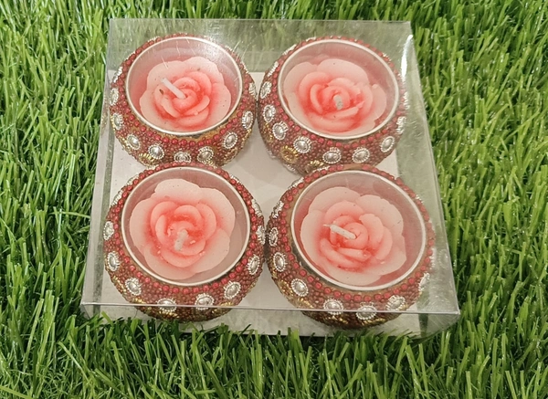 ROUND DECORATIVE ROSE CANDLE PASC OF 4 - Bright Red