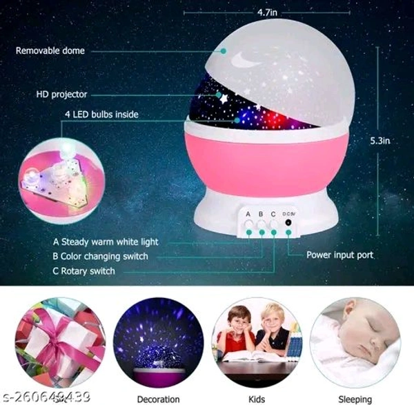 Star Master Night Projector Lamp With Usb Multi Colour 4 Led Rotation Baby Sleep Lighting Usb Lamp Led Projection Multicolour(Plastic, Pack of 1)Name: Star Master Night Projector Lamp With Usb Multi Colour 4 Led Rotation Baby Sleep Lighting Usb Lamp Led Projection Multicolour(Plastic, Pack of 1)Material: PlasticIs Assembly Required: NoType of Bulb: LEDPower Source: Battery PoweredP