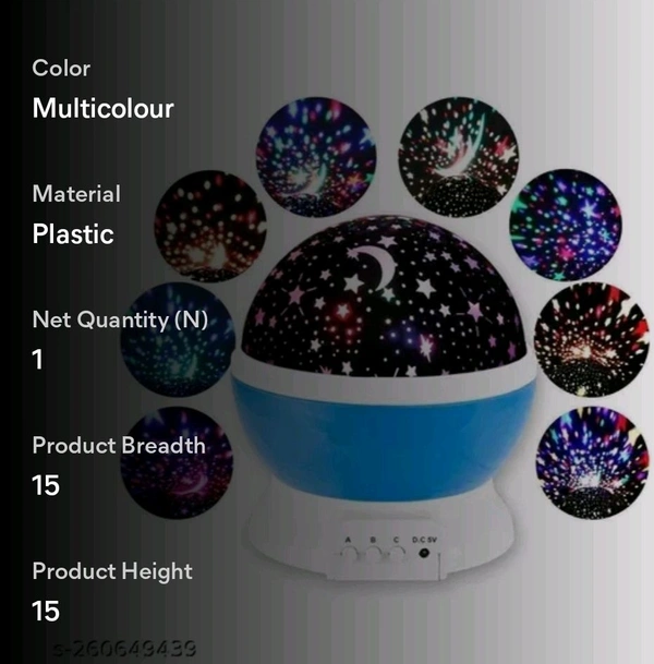Star Master Night Projector Lamp With Usb Multi Colour 4 Led Rotation Baby Sleep Lighting Usb Lamp Led Projection Multicolour(Plastic, Pack of 1)Name: Star Master Night Projector Lamp With Usb Multi Colour 4 Led Rotation Baby Sleep Lighting Usb Lamp Led Projection Multicolour(Plastic, Pack of 1)Material: PlasticIs Assembly Required: NoType of Bulb: LEDPower Source: Battery PoweredP