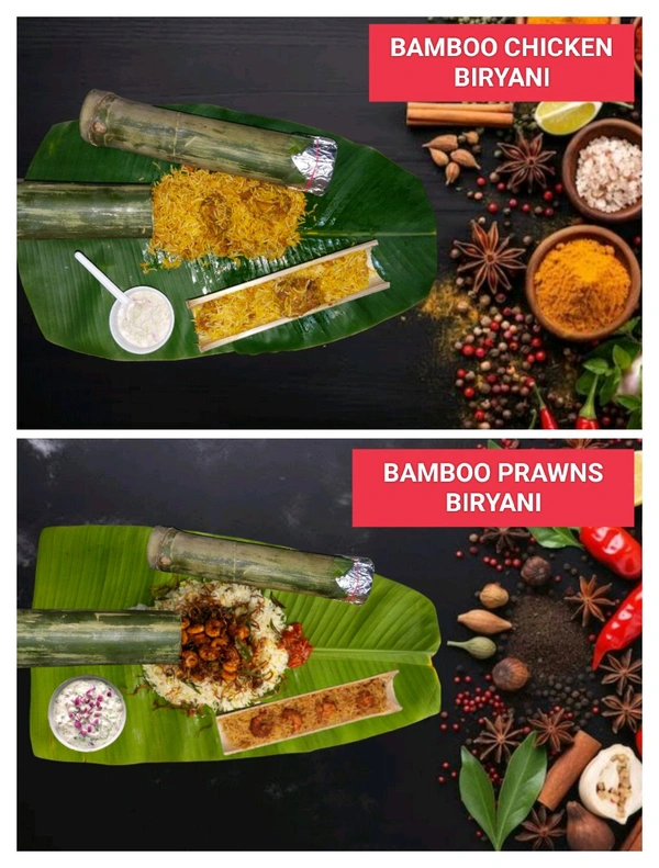 BAMBOO CHICKEN BIRYANI AND BAMBOO PRAWNS BIRYANI