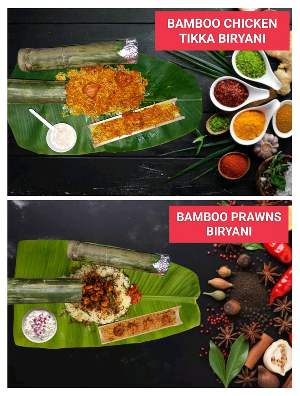 BAMBOO CHICKEN TIKKA BIRYANI AND BAMBOO PRAWNS BIRYANI