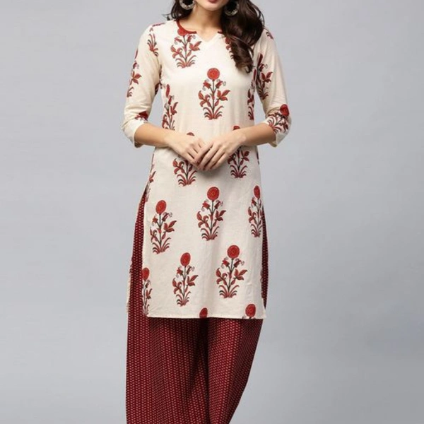 Printed Kurta Set - Printed Cream/Maroon, XL