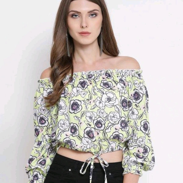 Open Shoulder Printed Top - Green Floral Printed, S