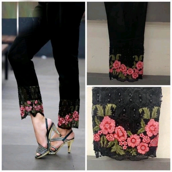 Embroidered Stretch Trousers  - Black, L