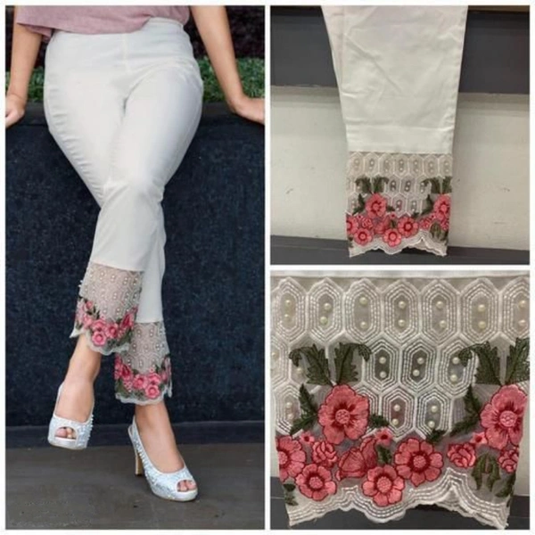 Embroidered Stretch Trousers  - White, L