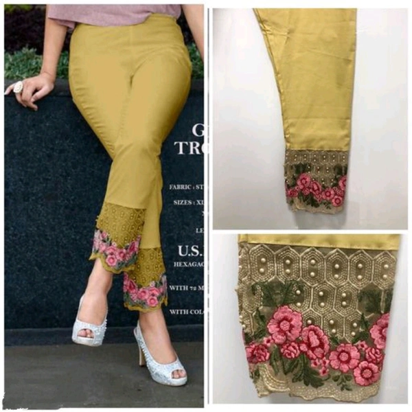 Embroidered Stretch Trousers  - Yellow, L