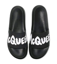 Alexander McQueen Black Logo Slides - Black, UK 09