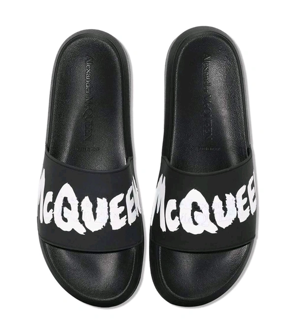 Alexander McQueen Black Logo Slides - Black, UK 09