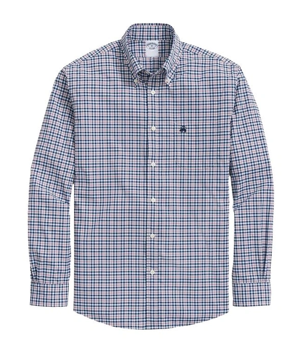 Brooks Brothers Blue Performance Series Stretch Checked Regular Fit Sport Shirt - Mercury, 2XL