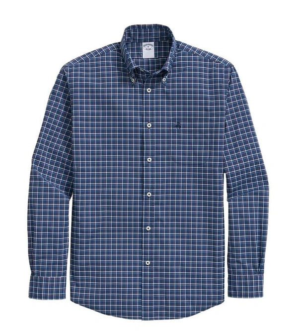 Brooks Brothers Navy Performance Series Stretch Checked Regular Fit Sport Shirt - Victoria, 2XL