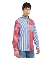 TOMMY HILFIGER Wedge Blue Cotton Regular Fit Striped Shirt - Red Orange, M