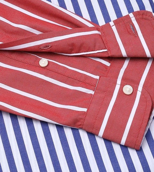TOMMY HILFIGER Wedge Blue Cotton Regular Fit Striped Shirt - Red Orange, M