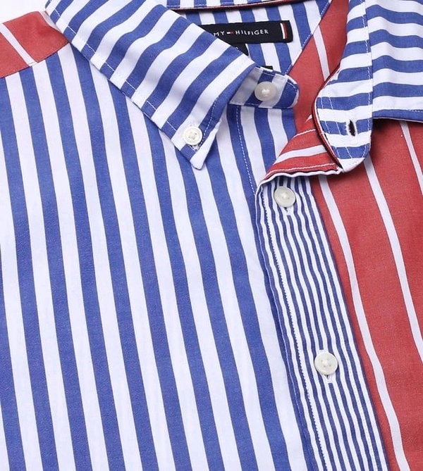 TOMMY HILFIGER Wedge Blue Cotton Regular Fit Striped Shirt - Red Orange, M