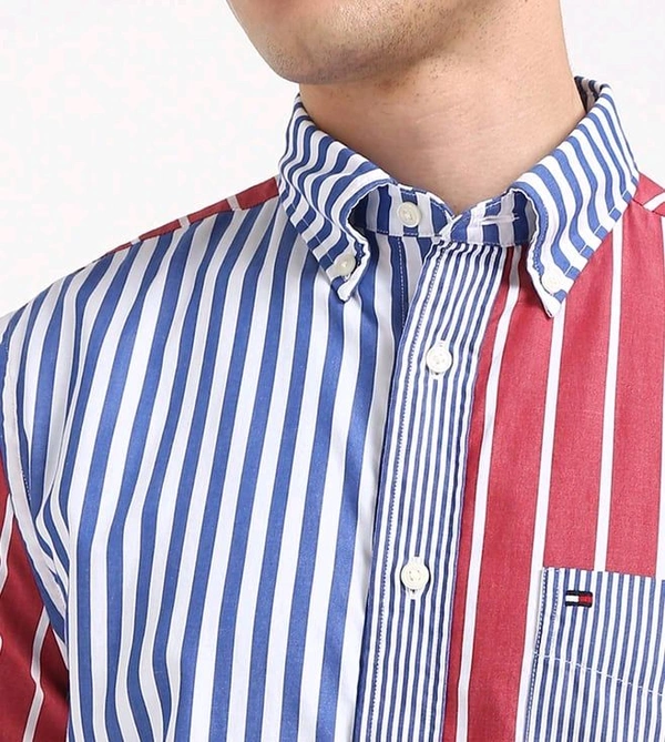 TOMMY HILFIGER Wedge Blue Cotton Regular Fit Striped Shirt - Red Orange, M