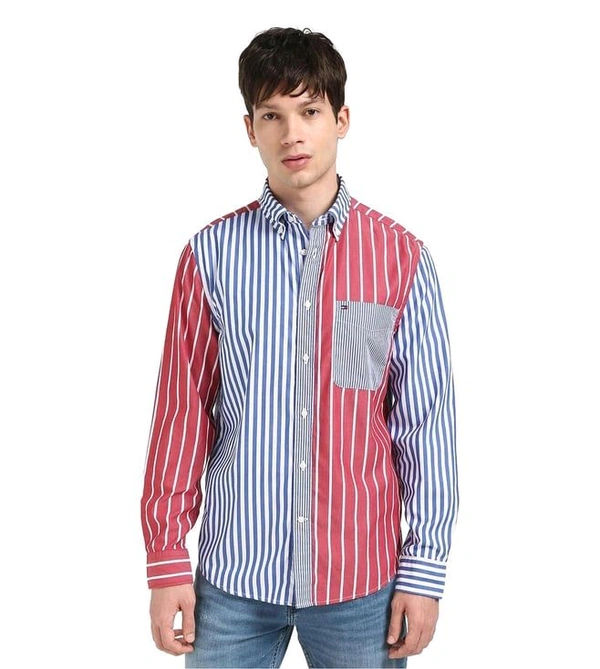 TOMMY HILFIGER Wedge Blue Cotton Regular Fit Striped Shirt - Red Orange, XL
