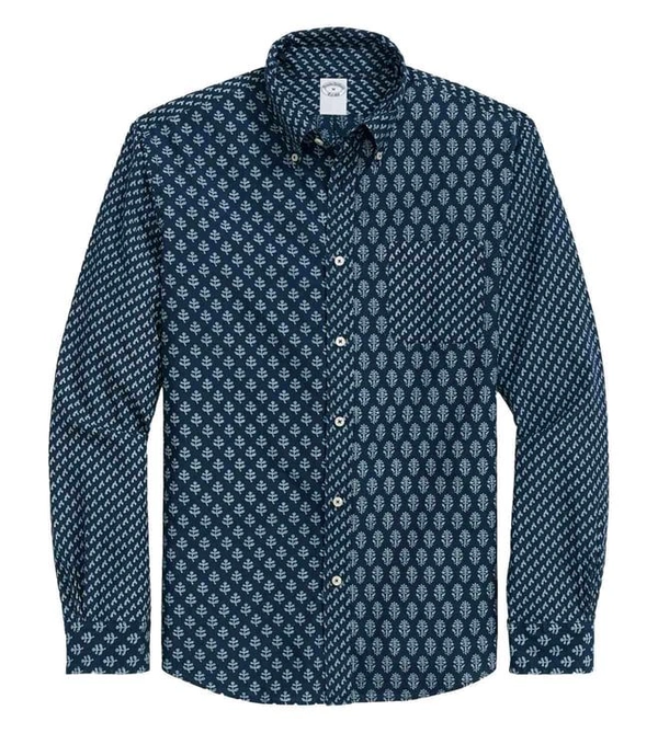 Brooks Brothers Navy Indigo-Dyed Cotton Fun Patterned Sport Shirt - Martinique, XS