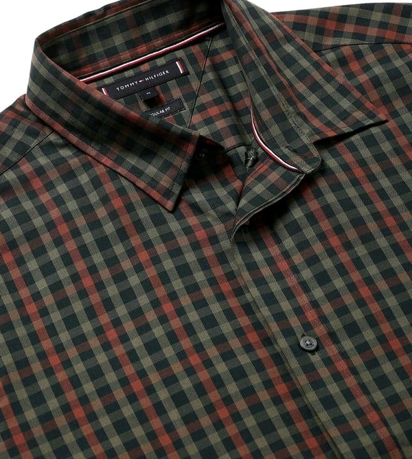 TOMMY HILFIGER Men Antique Silver & Multi Checked Spread Collar Full Sleeves Shirt - Congo Brown, L