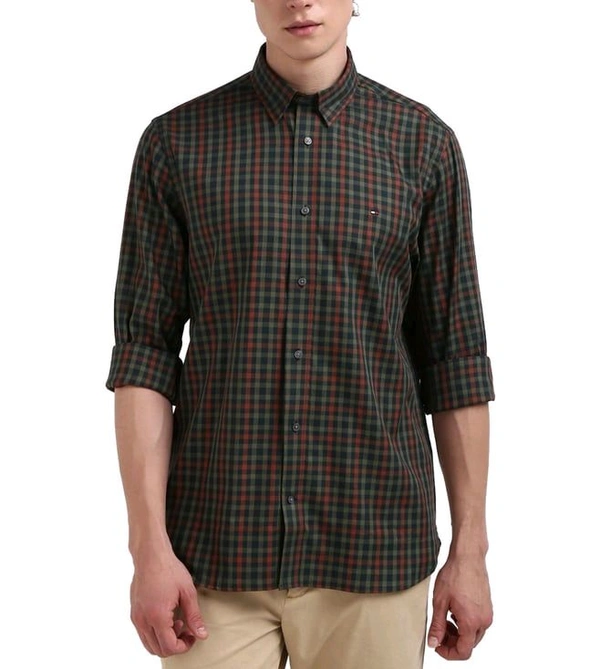 TOMMY HILFIGER Men Antique Silver & Multi Checked Spread Collar Full Sleeves Shirt - Congo Brown, XL