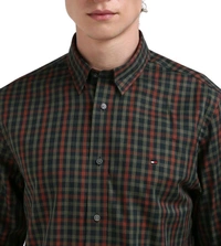 TOMMY HILFIGER Men Antique Silver & Multi Checked Spread Collar Full Sleeves Shirt - Congo Brown, XL