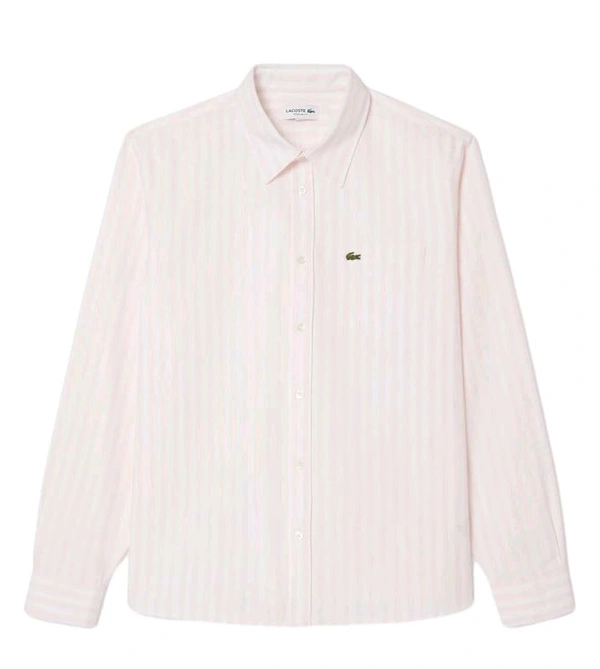 LACOSTE Pink Oxford Striped Regular Fit Shirt - Pink Flare, M