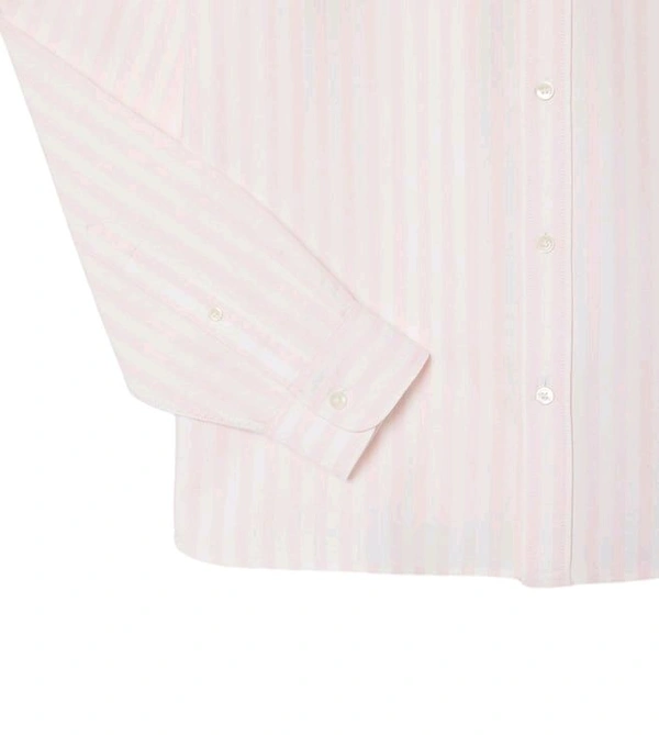 LACOSTE Pink Oxford Striped Regular Fit Shirt - Pink Flare, M