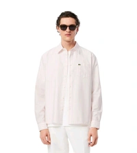 LACOSTE Pink Oxford Striped Regular Fit Shirt - Pink Flare, M