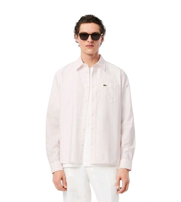 LACOSTE Pink Oxford Striped Regular Fit Shirt - Pink Flare, M