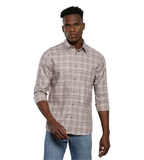 CALVIN KLEIN Men's Plaza Taupe Checks Slim Fit Shirt - Martini, S