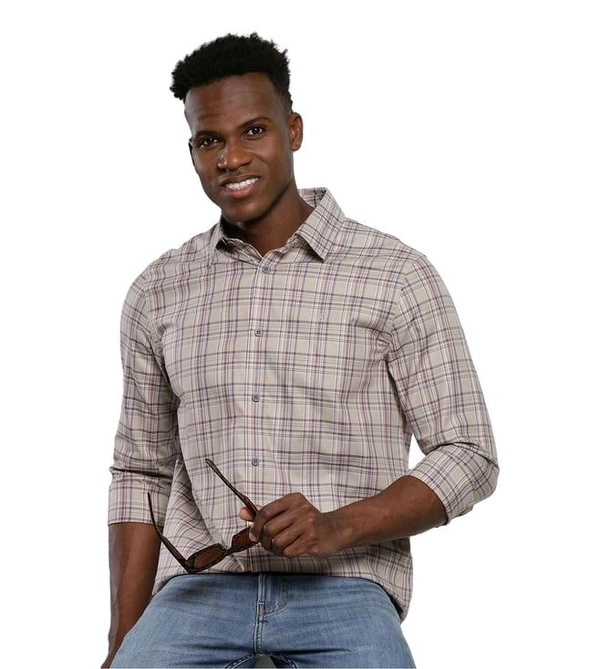 CALVIN KLEIN Men's Plaza Taupe Checks Slim Fit Shirt - Martini, S