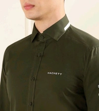 HACKETT LONDON Olive Cotton Regular Fit Logo Printed Shirt - Cabbage Pont, L