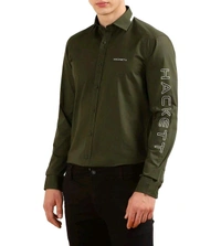 HACKETT LONDON Olive Cotton Regular Fit Logo Printed Shirt - Cabbage Pont, L