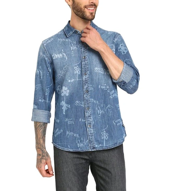 GUESS Men's Blue Cotton Printed Regular Fit Shirt - Ship Cove, L