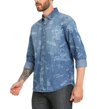 GUESS Men's Blue Cotton Printed Regular Fit Shirt - Ship Cove, L