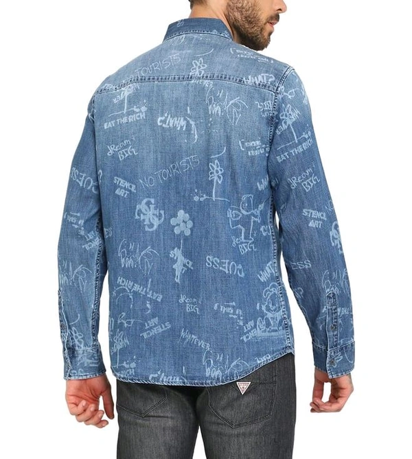 GUESS Men's Blue Cotton Printed Regular Fit Shirt - Ship Cove, XL