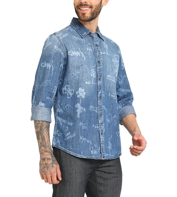 GUESS Men's Blue Cotton Printed Regular Fit Shirt - Ship Cove, XL