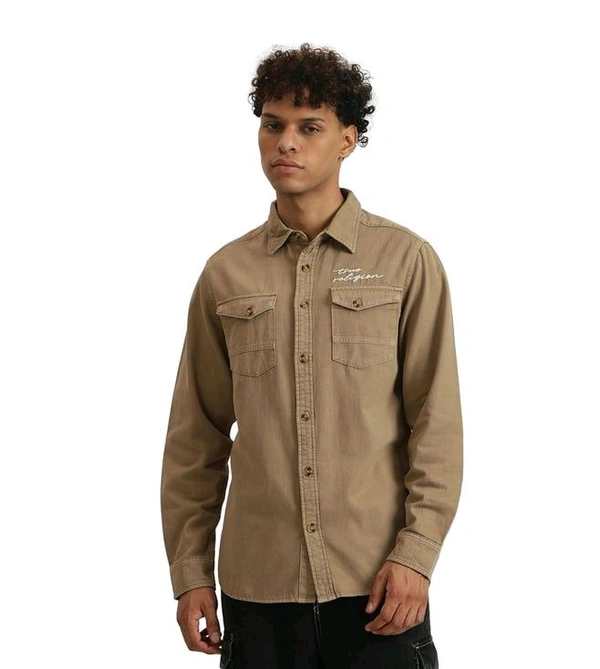 True Religion Beige Embroidered Regular Fit Shirt - Driftwood, L