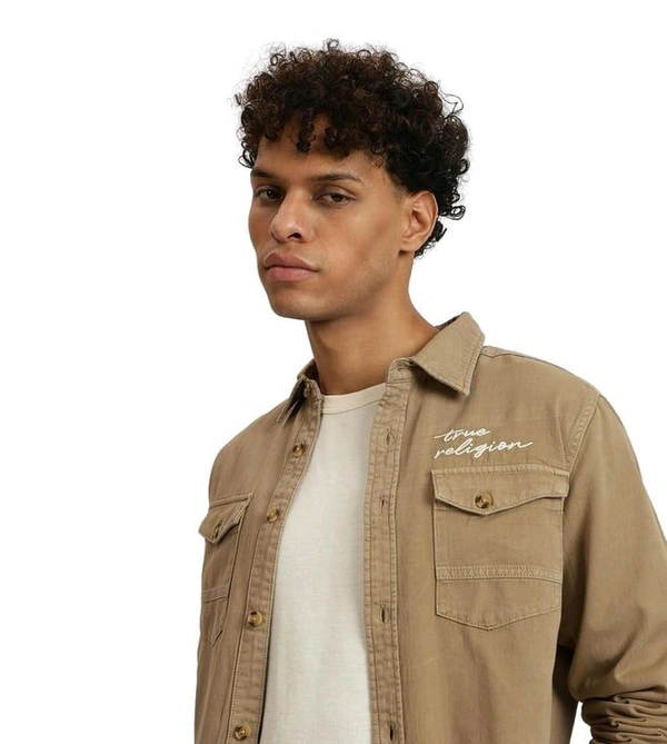 True Religion Beige Embroidered Regular Fit Shirt - Driftwood, L