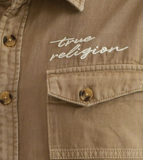 True Religion Beige Embroidered Regular Fit Shirt - Driftwood, L