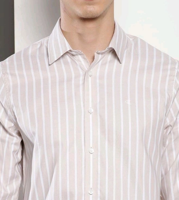 CALVIN KLEIN Beige Stripes Slim Fit Shirt - Vanilla Ice, S