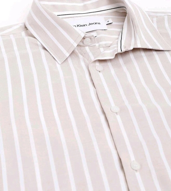 CALVIN KLEIN Beige Stripes Slim Fit Shirt - Vanilla Ice, S