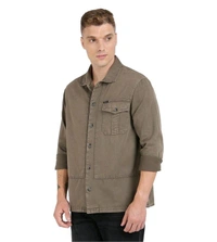 GUESS Army Olive Pure Cotton Solid Spread Collar Shirt - Cement, XS