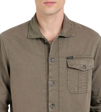 GUESS Army Olive Pure Cotton Solid Spread Collar Shirt - Cement, XS