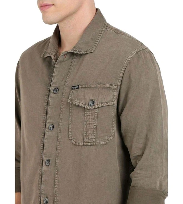 GUESS Army Olive Pure Cotton Solid Spread Collar Shirt - Cement, XS