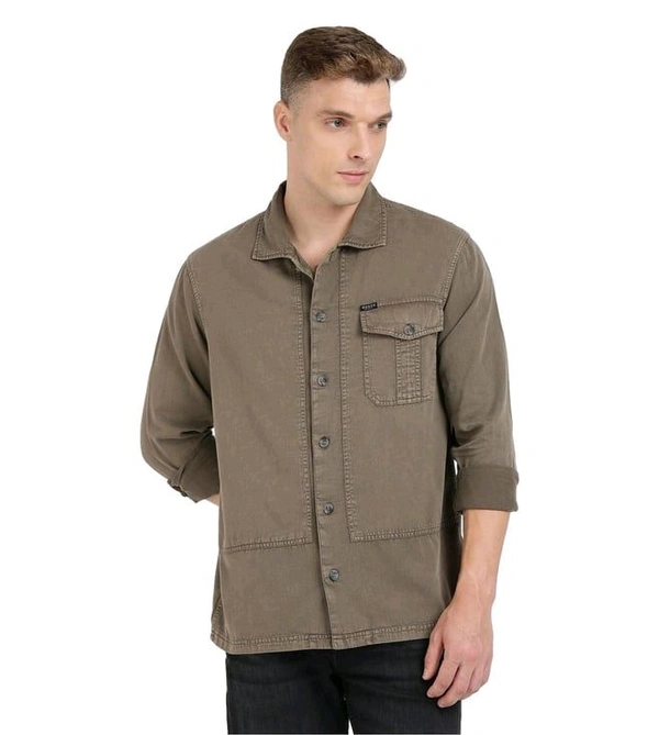 GUESS Army Olive Pure Cotton Solid Spread Collar Shirt - Cement, M