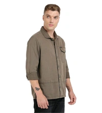 GUESS Army Olive Pure Cotton Solid Spread Collar Shirt - Cement, XL