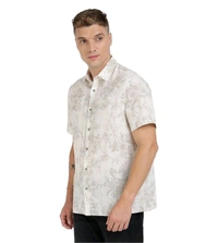 GUESS Off White Cotton Blend Printed Spread Collar Shirt - White, M