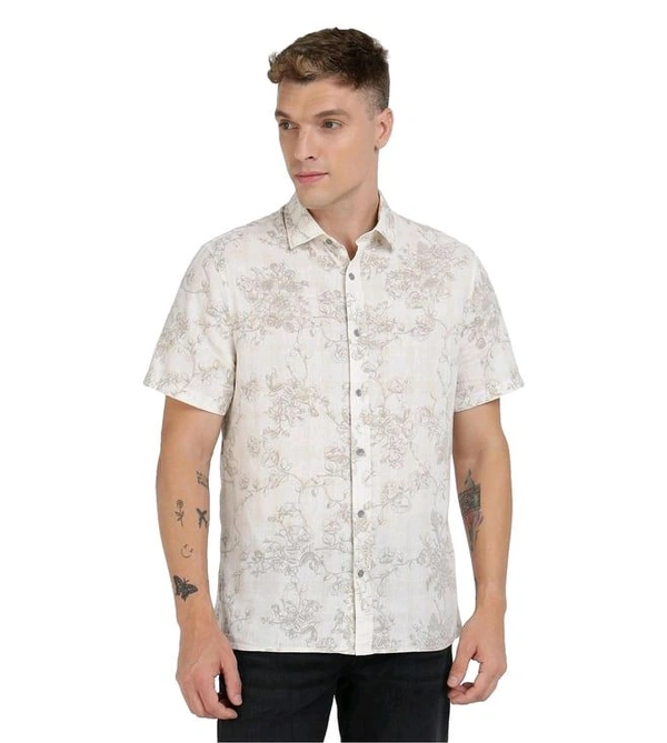 GUESS Off White Cotton Blend Printed Spread Collar Shirt - White, L