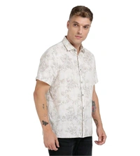 GUESS Off White Cotton Blend Printed Spread Collar Shirt - White, L