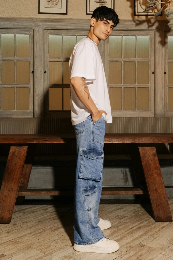FREAKINS men’s blue patch & seam cargo jeans - Kashmir Blue, 32